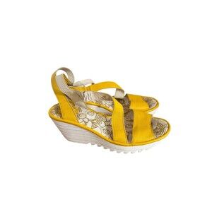 Fly London Sandals Womens 38 7.5-8 Yellow Yesk Ankle Strap Platform Wedge Shoes